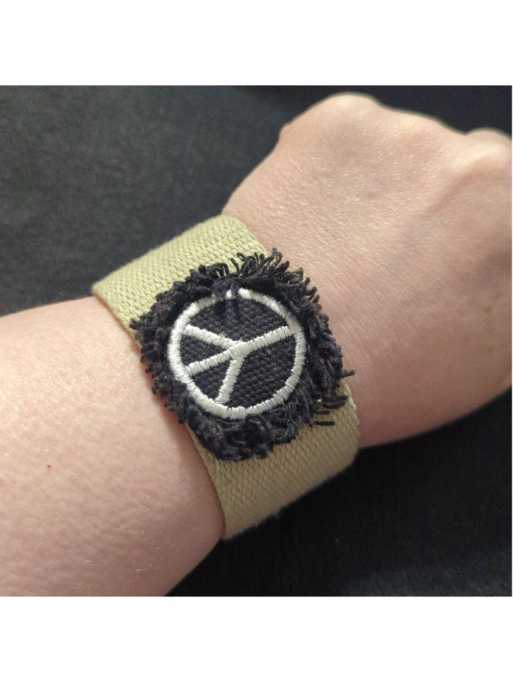 Beige and Black Peace Sign Canvas Strap Statement Bracelet